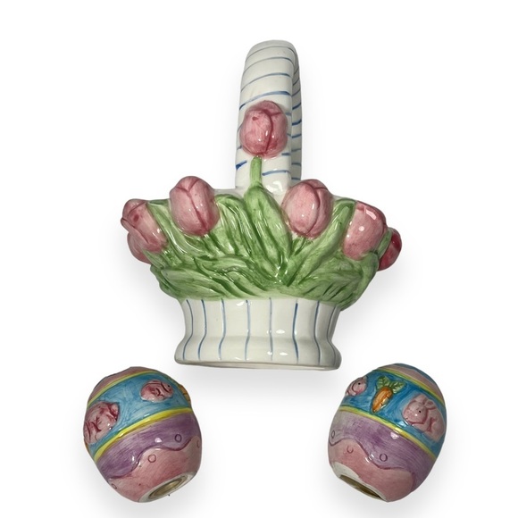 Easter Eggs in Basket Salt & Pepper Shakers Tulips Holiday Spring Ceramic 6” H - Picture 7 of 9
